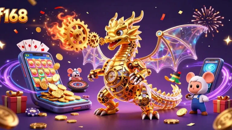 Join the excitement at f168 casino with dynamic games and vibrant energy in a dazzling illustration.