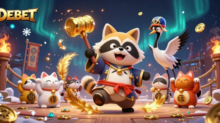 Engage with DEBET's vibrant casino scene featuring a cheerful tanuki, lucky mallet, and fortune cats.