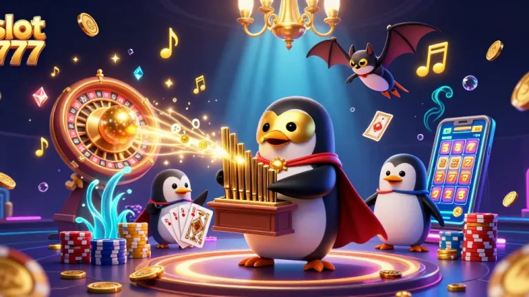 Menangkan slot 777 dengan menyaksikan penguin opera memukau menghasilkan koin emas.