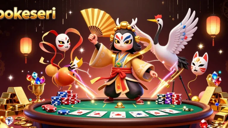 Experience poker thrills with Pokerseri's vibrant and detailed 3D casino scene featuring kabuki warriors and treasures.