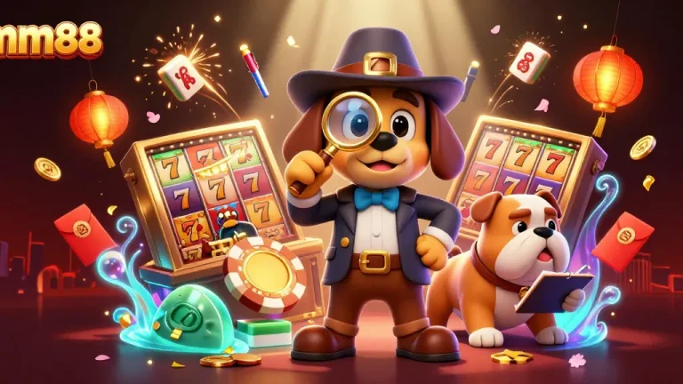 Experience mm88 thrills with a detective and bulldog in a vibrant gambling adventure.