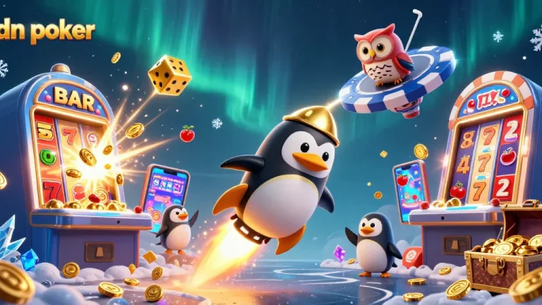 Experience IDN Poker excitement with a golden penguin and dynamic casino elements in a vibrant 3D scene.