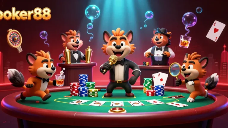 Engage with poker88 in a lively casino scene featuring cartoon hyenas enjoying poker and drinks.