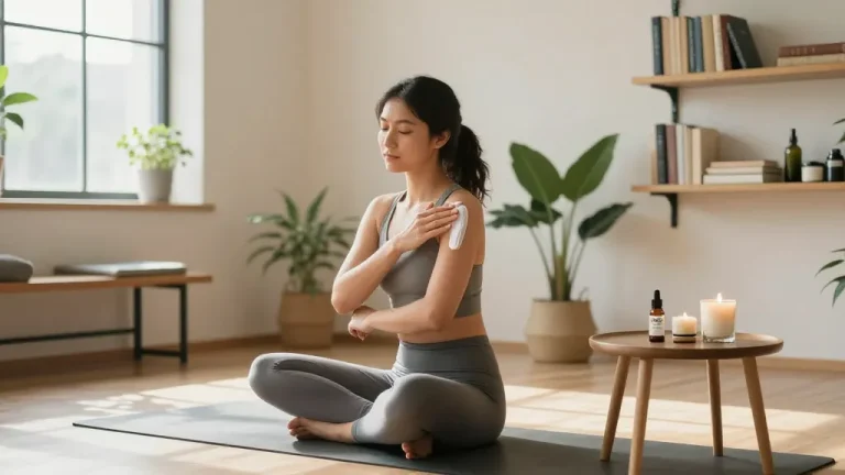 Properloud CBD topical cream application in a serene yoga studio after workout.