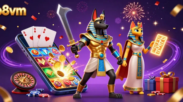 Engage with thrilling games at o8vm featuring an Anubis warrior with animated slot action.