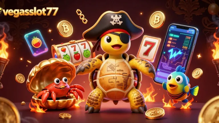 Spin the reels with vegasslot77's vibrant 3D casino illustration featuring pirate-themed characters.