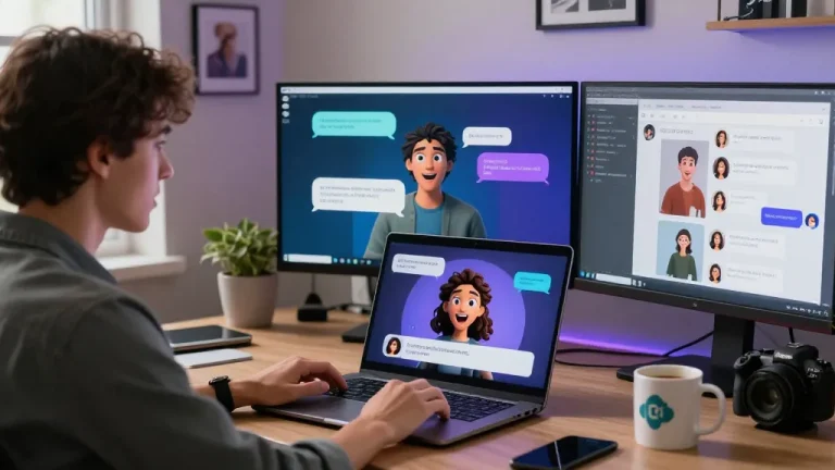Engaging AI character interaction using crushonai on a sleek laptop in a modern home office.