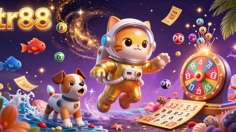 Experience the excitement of tr88 with a dynamic illustration of a space cat and robot dog in a cosmic casino adventure.