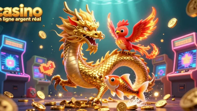 Jouez à des jeux riches dans un casino en ligne argent réel, avec un dragon doré, un phénix et des pièces d'or.
