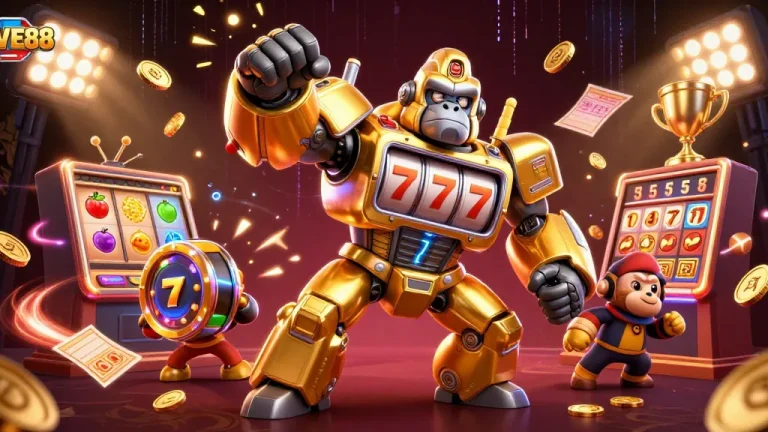 Experience excitement with FIVE88's dynamic 3D illustration of a golden gorilla mech celebrating winning slot reels and coins.