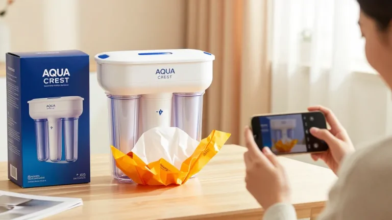AQUA CREST Multiple-Stage Water Filters showcased in an unboxing scene, emphasizing online shopping, product review, and best deals on e-commerce platforms.