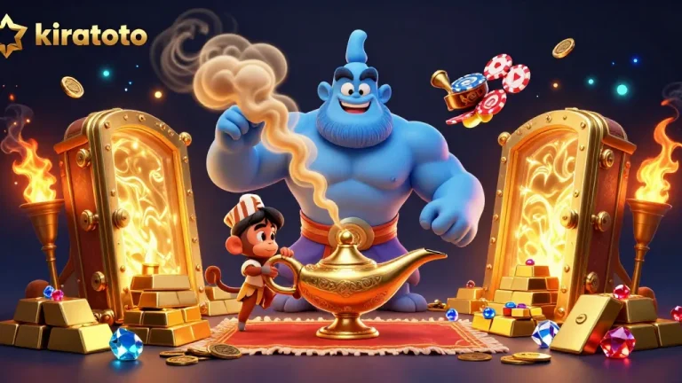 Kiratoto's exciting gambling scene with a genie, monkey, and poker chips, showcasing vibrant casino energy.