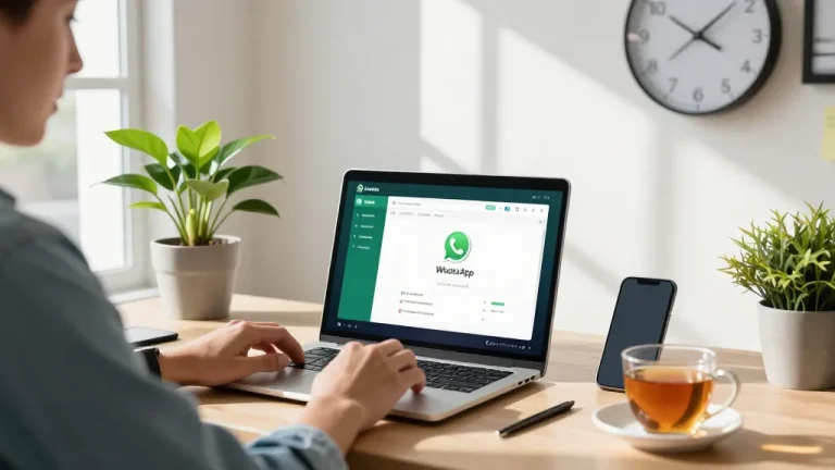Using WhatsApp電腦版 on a laptop in a modern home office setup with natural light.