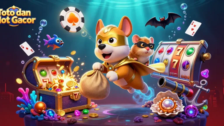 Toto dan Slot Gacor delights players with a superhero dog and coin-collecting action in a vibrant casino scene.