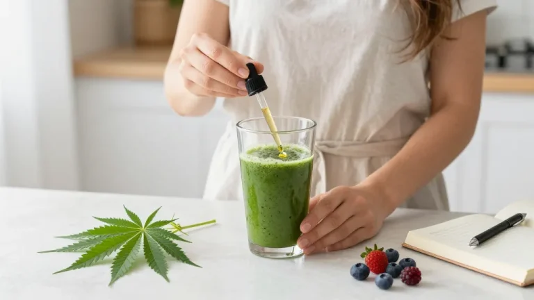 Comprar cbd online: Aceite de CBD en cocina luminosa junto a ingredientes naturales y diario de bienestar.