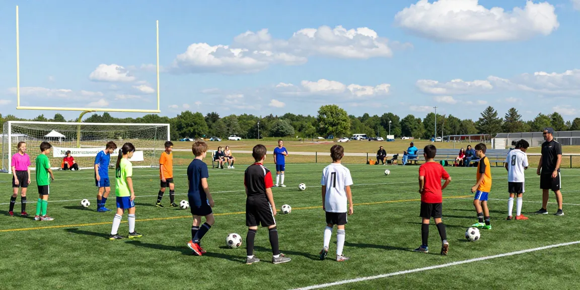 Youth soccer practice at Mequon Soccer Club with players cheering and a coach guiding.